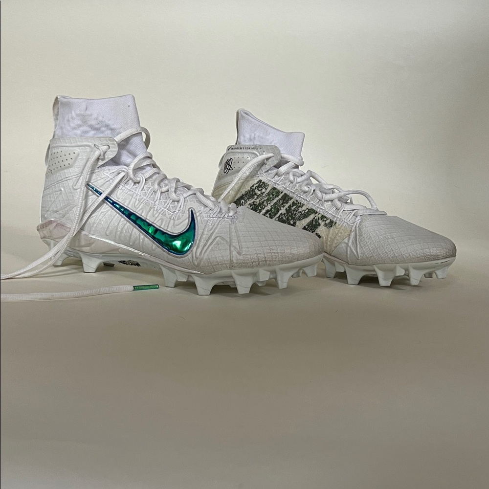 Nike White Cleats with Iridescent Blue Swoosh